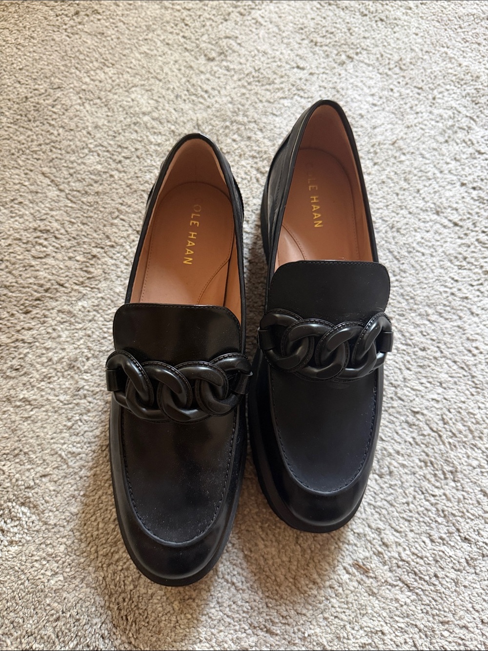 NWOT Cole Haan Black Leather Loafers with Chunky Chain Detail